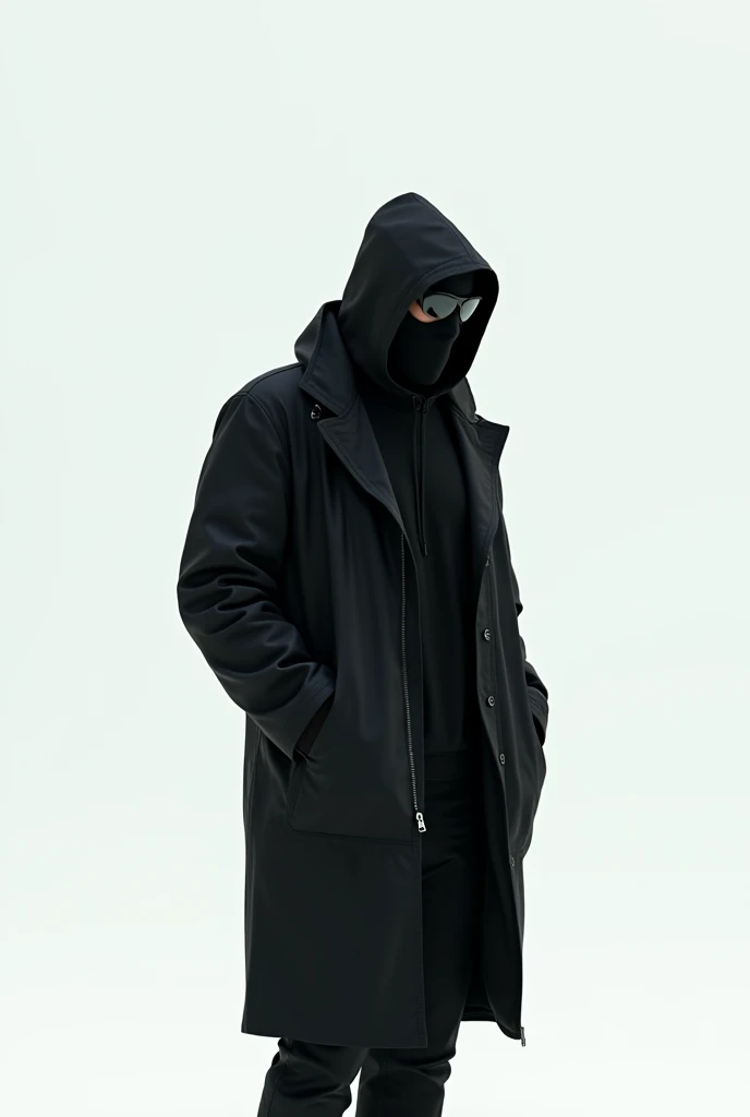 Tall man in a large black jacket and a black balaclava on his face with sunglasses in a white environment 
