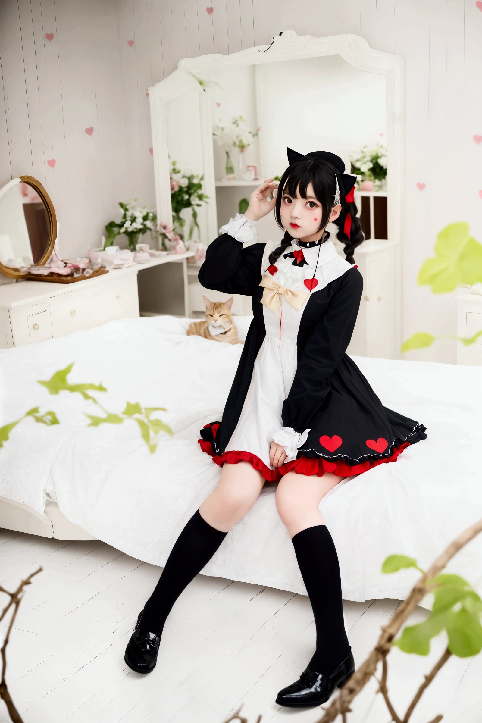 There is a woman sitting on a bed in a room, cosplay chica anime, ta style, magical loliirl portrait, radical lolita gportrait, Lolita fashianime girl in a maid costume, also, cat boy cosplay! maid! dress, in dress, , black and white with red hearts, sailor uniform with loose collar