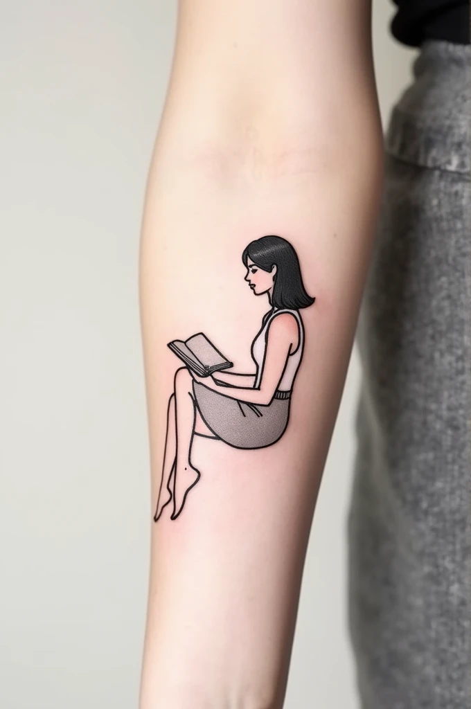 
**Description détaillée pour le tatouage :**
- **Silhouette** : Une jeune fille assise, vue de côté, tenant un livre ouvert sur ses genoux. Sa posture est détendue, les jambes légèrement repliées.
- **Style** : Minimaliste, avec des lignes fines et claires. Pas de remplissage noir à l'intérieur de la silhouette, juste les contours.
- **Taille** : Adaptée à l'avant-bras, ni trop grande ni trop .
- **Couleurs** : Principalement en noir, sans utilisation de couleurs vives, mais avec des nuances légères pour donner un peu de profondeur.
