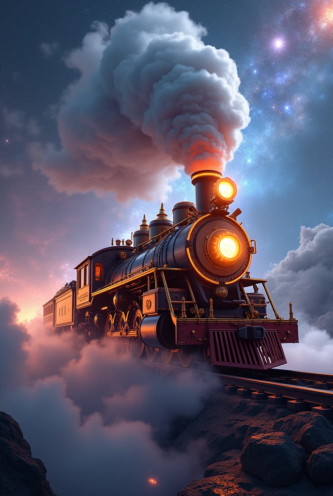 a steampunk locomotive traveling through the cosmos, highly detailed, intricate machinery, glowing steam, stars and galaxies in the background, cinematic lighting, dramatic shadows, photorealistic, 8k, (best quality:1.2), ultra-detailed, (realistic:1.37), awe-inspiring, majestic, vibrant colors