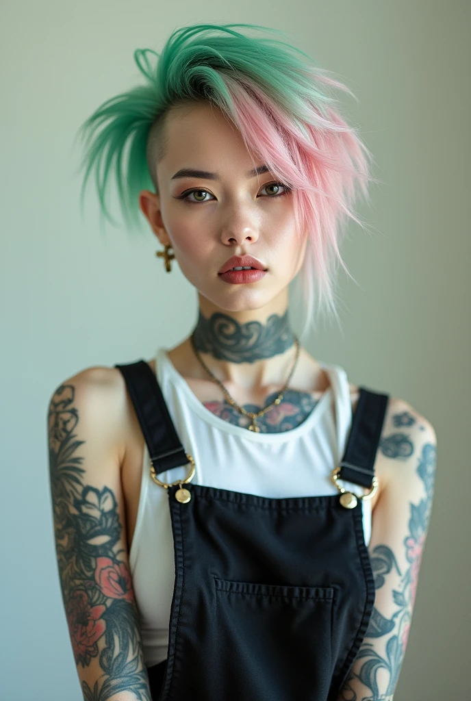 woman with skin, halfshaved pixie haircut, dyed in green and pink, wearing black overalls with a white tank top and with tattoos on her arms and the neck