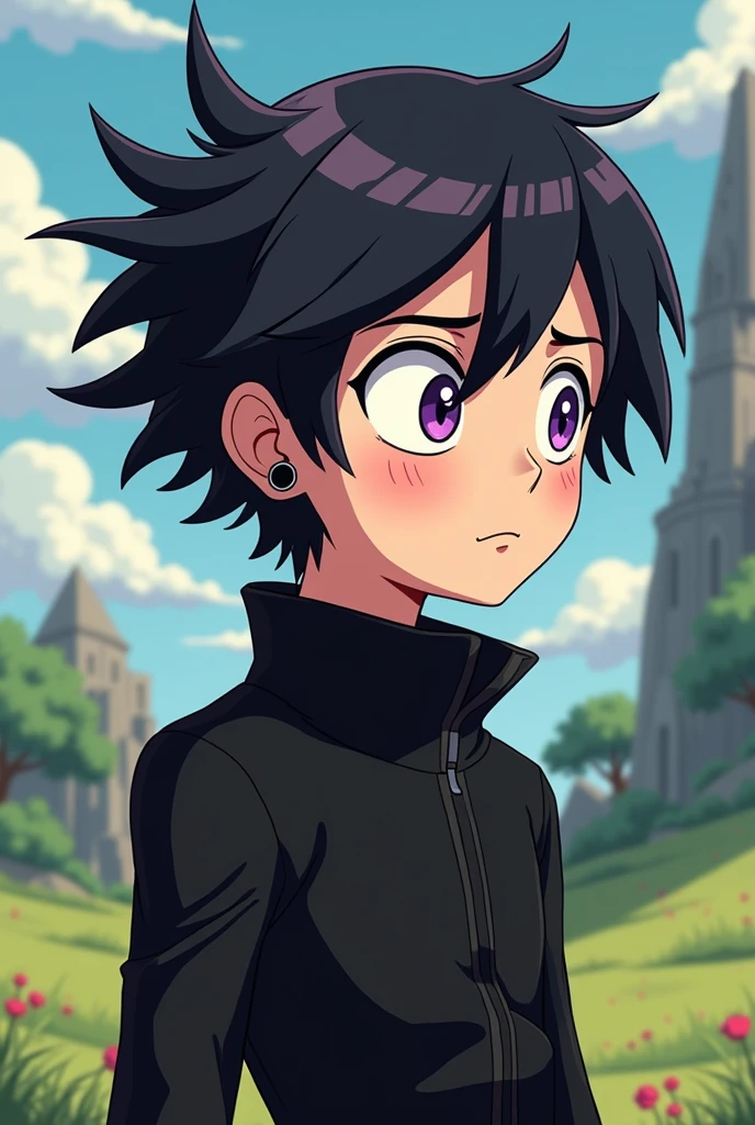 A 1 boy, pale skin, purple eyes, black mid hair, atlhetic body, uses black clothes, use black earrings, adventure time style, close view