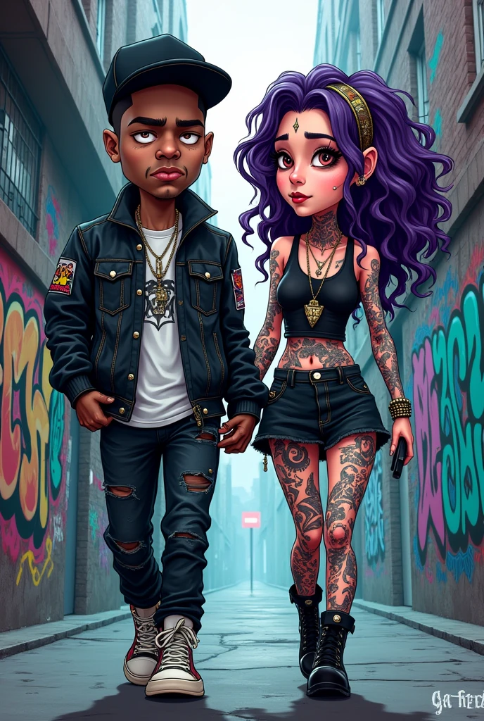 Create a punk cartoon image of a couple walking down a graffitied street, the hiphop style boy and the gothic style girl, that the design is a cyber punk illustration type but in caricature, the two tattooed and white with a serious and gloomy face, Like the illustrations of the band Gorillaz with a darker effect and like the illustration of Love Death and Robots in The Witness but not so cartoonish., that is not realistic, 90s type illustration and the girl with curly purple hair and piercings with so many cyber punk anime type tattoos, that is not but type gorillaz noodle 
