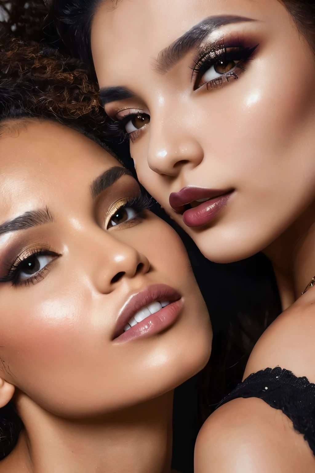 a womans face, mixed race woman aged 30, Nigerian-Korean, beautiful model woman, dramatic makeup, stunning, perfect skin, perfect eyes, captivating, looking to camera, full lips, lips parted, long dark eyelashes, slim, model woman, photoshoot, soft lighting, matte foundation, dark lipstick