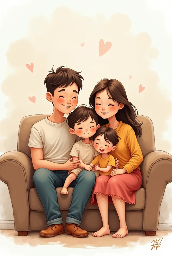 Illustration of a family with a father, Mother, son and daughter sitting on the sofa in a drawing style with slightly watercolored and childish strokes; The drawing must not present realism