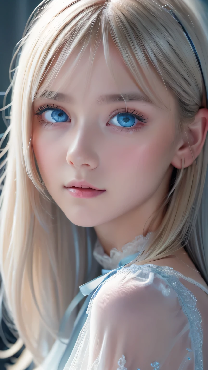 highest quality、8K Masterpiece、Ultra-high resolution、(Realistic:1.3)、RAW Photos、 girl of Scandinavian descent with shiny blonde hair、Silvery blonde hair、Super long straight hair、Bangs between the eyes、bangs over eyes、片bangs over eyes、Bangs between the eyes、White and lustrous skin、1. Cyberpunk Super Beautiful Soldier、((Ultra-Realistic Details))、Portraiture、Global Illumination、Shadow Realm、Octane Rendering、8K、Super sharp、Metal、Cold colors、、Very intricate details、Realistic Light、CG Association Trends、Very beautiful, large light blue eyes、Very big eyes、Eyes shining towards the camera、Neon Details、Small Face Beauty、Round face、Cheek highlight