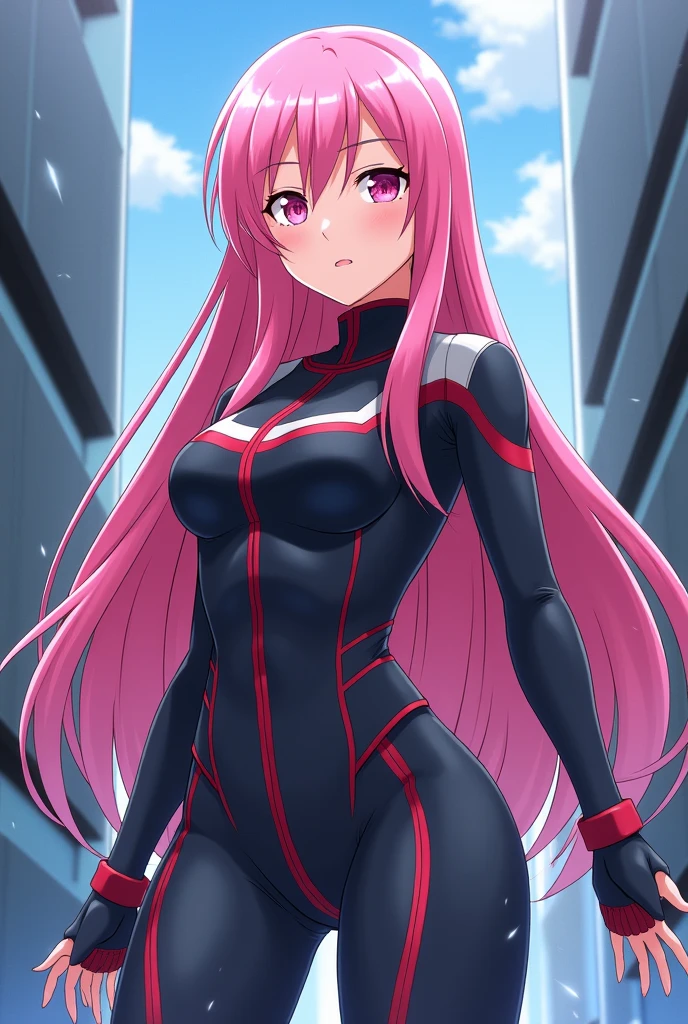 Mature woman 50 meters tall，Standing between tall buildings,der riese，Overlooking the lens，red leotard，（（best qualtiy，8K，tmasterpiece：1.3））），Clear focus：1.2，Beautiful Women in Perfect Figure：1.4，Slender abs：1.2，highly-detailed face，Detailed eyes，二重まぶた，pelo rojo corto