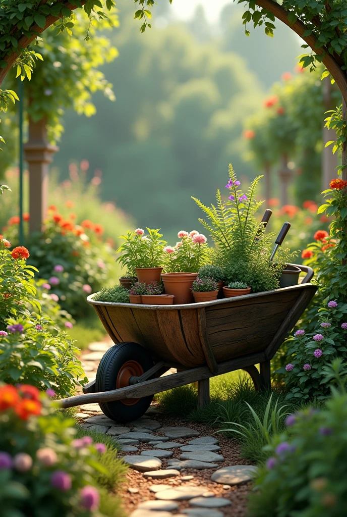 Garden with bright green colors, colored silvers, a wheelbarrow with garden tools and pots with plants.
Realistic image not drawing