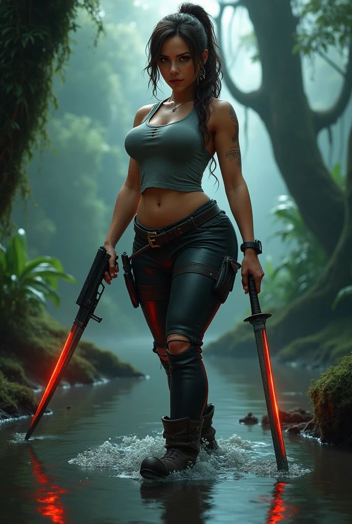 lara croft full body, aged 50, long brown ponytail, eyes browns, high and arched eyebrows, Red lips, big chest leather pants, ripped sleeveless t-shirt filter, ((coudre com pistola, a 9mm pistol in hand pointing at the screen, a sword)) deep jungle leather boots, (realisitic,photorealisitic, photo-realisitic:1.37),horor, dark and gloomy atmosphere with dramatic lighting, bright coloured, foggy surroundings, the trees, covered in moss, detailed facial expression, long wavy hair floats in the water, Reflections on the surface of the water, strange teeth(( perfect hands))