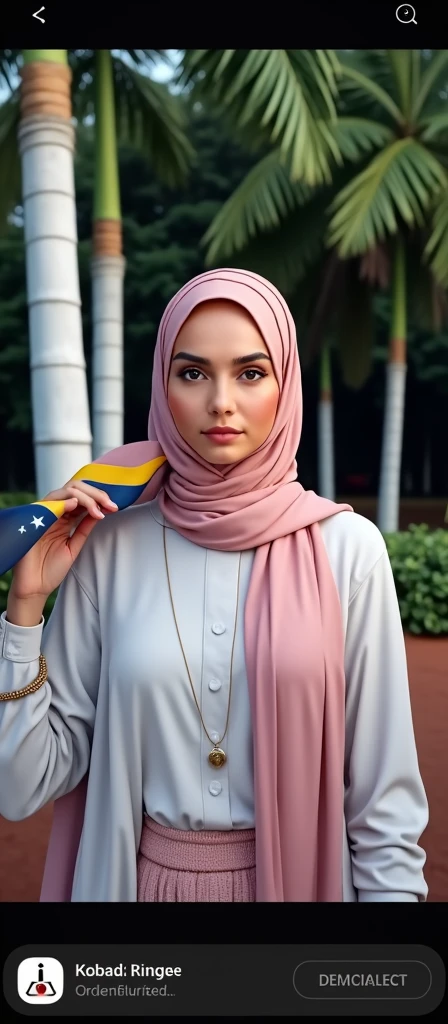 Image of a real woman, Muslim woman with a nice background and the flag of Venezuela in her hands