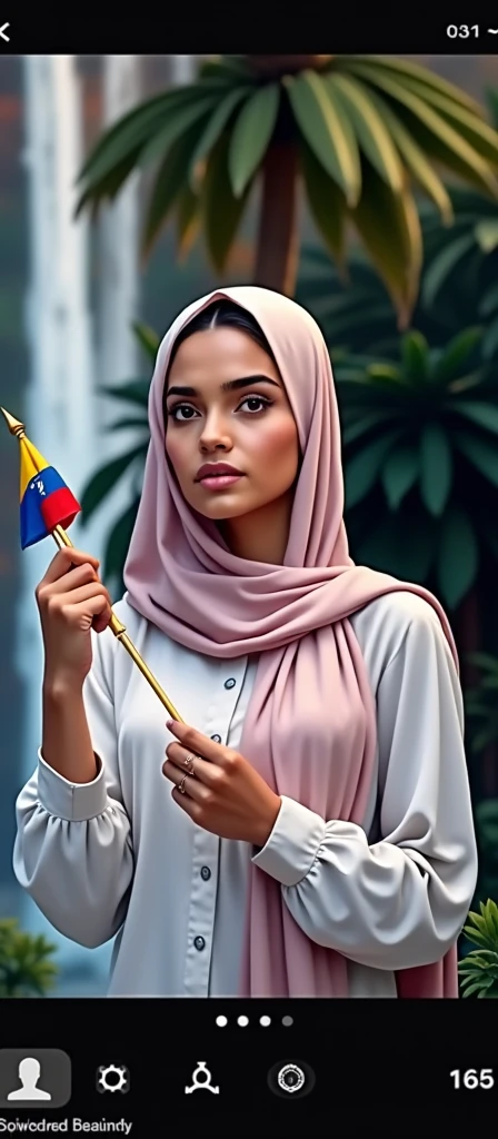 Image of a real woman, Muslim woman with a nice background and the flag of Venezuela in her hands