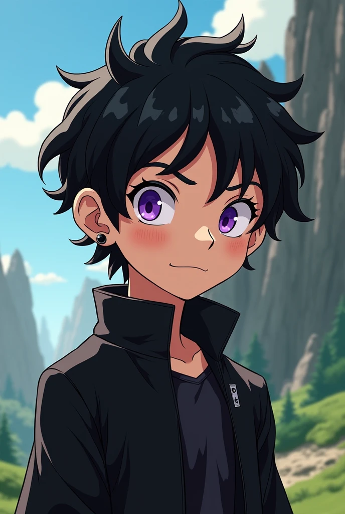 A 1 boy, pale skin, purple eyes, black mid hair, atlhetic body, uses black clothes, use black earrings, adventure time style, close view