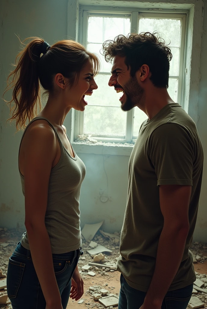 create an image where there is a couple (man and woman) They are screaming at each other like crazy people, you can only see them from the waist up. They are face to face. The woman has her hair up and in the background there is a destroyed husband's room.