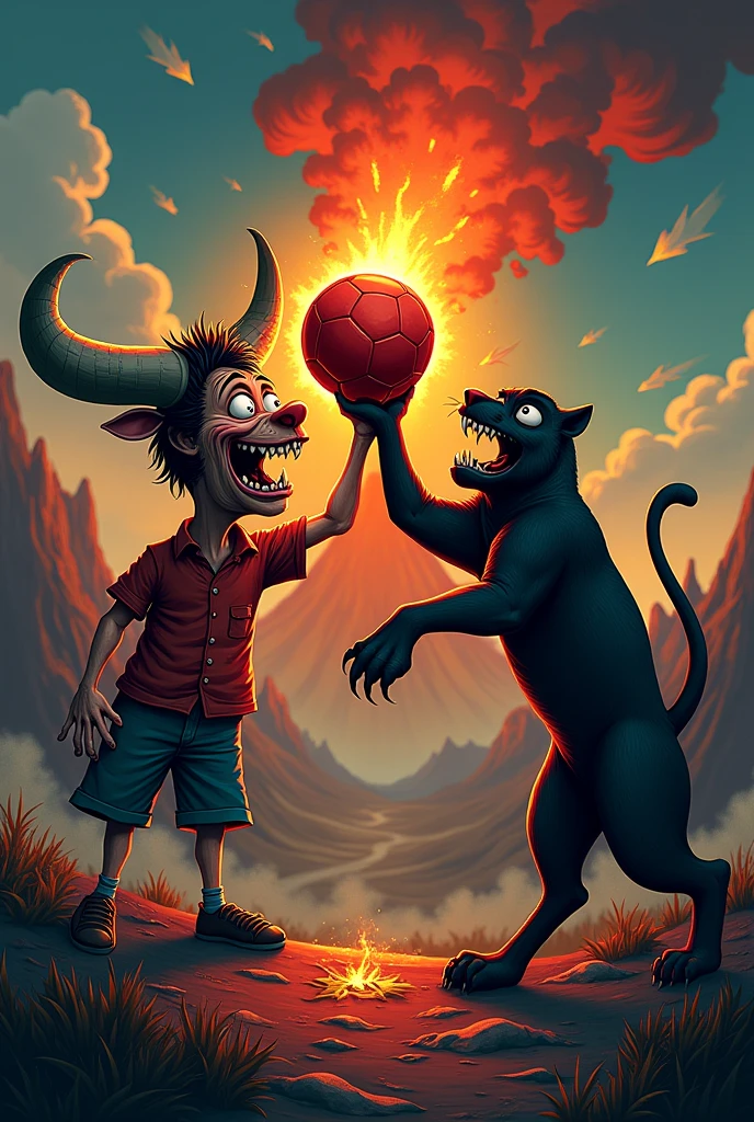 Logo of a red soccer ball with the face of a crazy animated schizophrenic holding it up to the big bull and the black panther for goal schizophrenics with an erupting volcano in the background