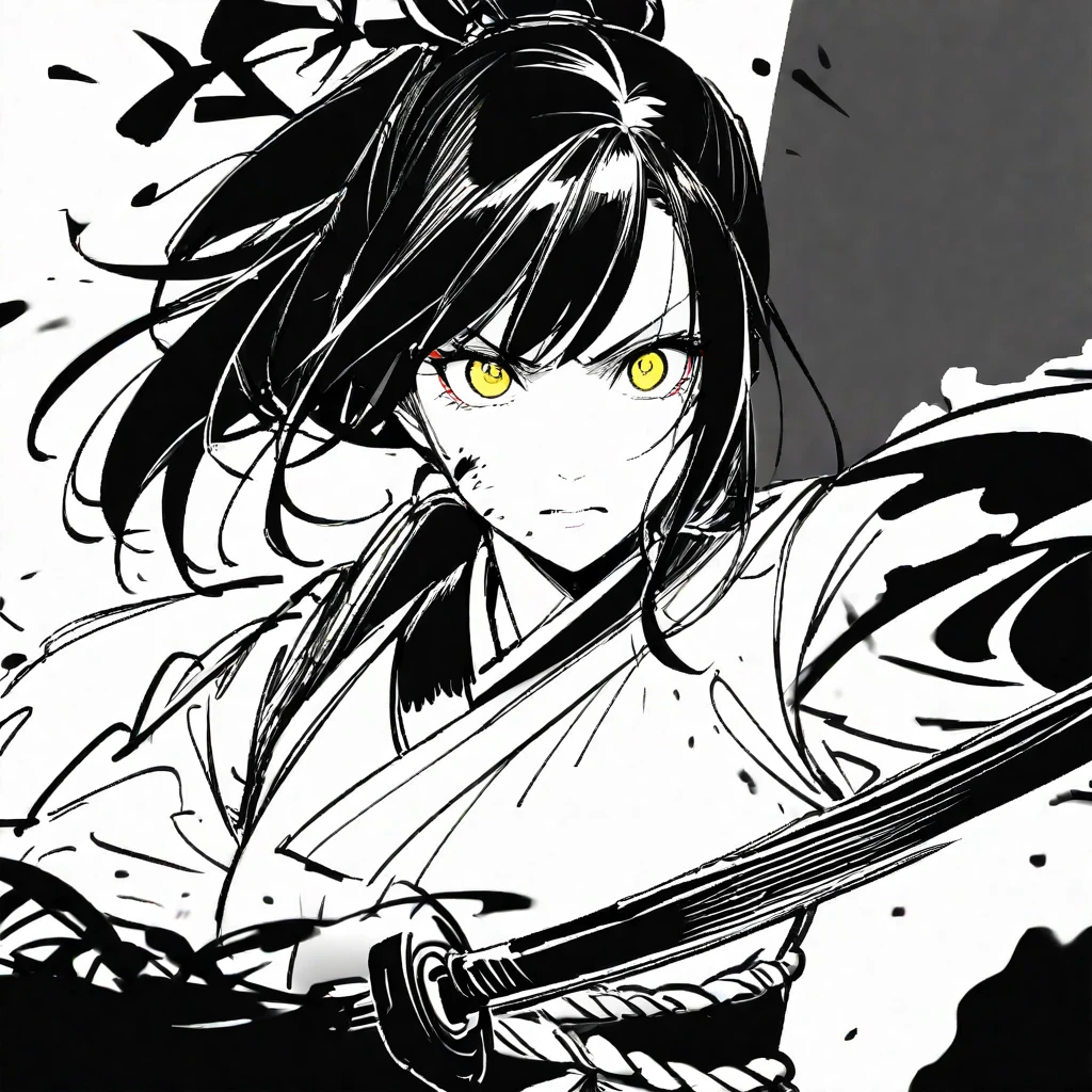 Best quality, masterpiece, high resolution, ink painting, female samurai, black hair, ponytail, holding a sword, screen-cutting effect, screen-crackling effect
