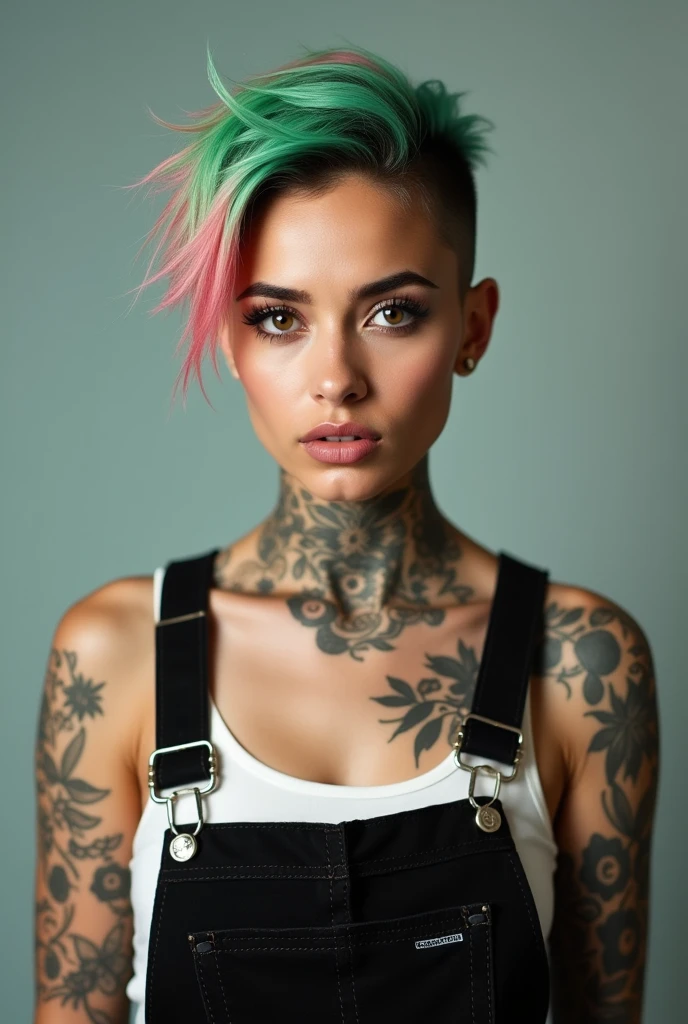 Hispanic woman with skin, halfshaved pixie haircut, dyed in green and pink, wearing black overalls with a white tank top and with tattoos on her arms and the neck