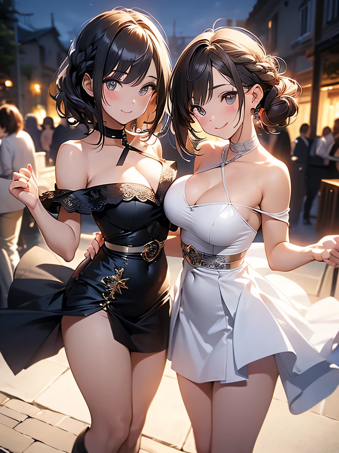 Highest quality、High resolution、Detailed Background、(Beautiful face in every detail:1.4)、Anatomically correct、(Normal number of fingers:1.2)、(Highly detailed face)、(Detailed eyes:1.4)、Beautiful women in their 20s、(Huge :1.2)、Perfect body line、Light color hair、Braided bob cut、Wavy Hairstyle、Cute hairstyle、well-groomed eyebrows、Charm、Dress with confidence、Feminine delicacy、Model pose、
(Two beautiful models smiling broadly at a night party:1.5)、
Tight tops and skirts、Bodycon dresses that accentuate the body line、V-necks and off-shoulder styles will accentuate your femininity by showing off your décolleté.、Choose tops and skirts made of lace or see-through materials、Choose a skirt with a slit、You can add definition by using a tight belt to cinch your waist.、Wear heels、very beautiful