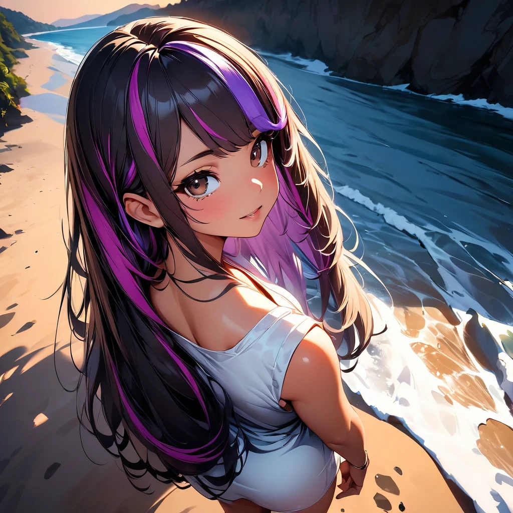 (highest quality:1.2, Very detailed, up to date, Vibrant, Ultra-high resolution, High Contrast, masterpiece:1.2, highest quality, Best aesthetics), super wide angle, Portraiture、girl、surfer, solo, (25-years-old:1), Bright colors、Beautiful fine details、Beautiful lip detail, long hair、black and purple ((streaked hair:1.6)), highlights hair: 1.5, brown eyes, ((slim body:1.4)), (small breast:0.7), (dark skin:0.5), summer dress, loose fit, standing tropical beach:1, from behind, looking sunset, back view, (full body:1.5),