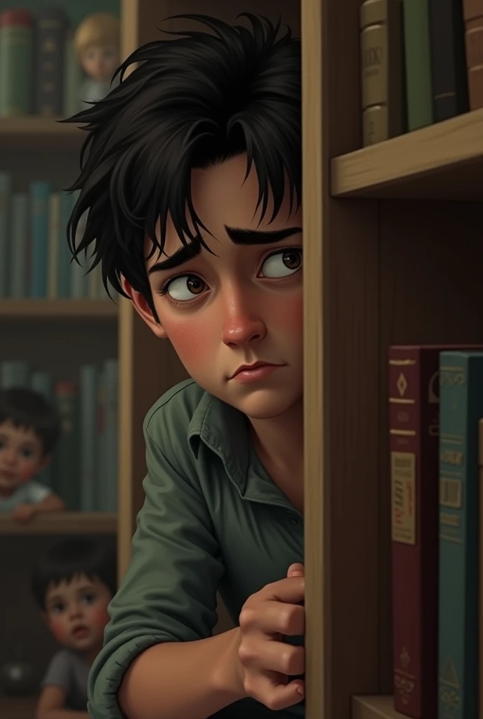 prompt (Spanish): Mateo, hidden behind a bookshelf, He looks at the children with a worried expression.
prompt (English): Mateo, hidden behind a shelf, watches the children with a worried expression.