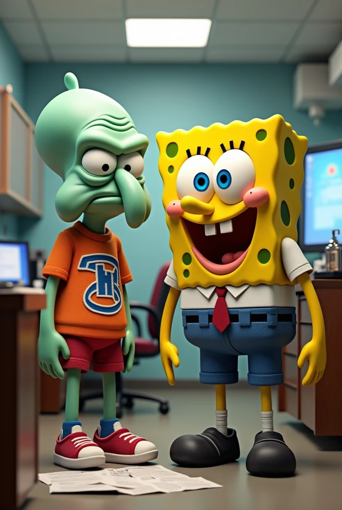 you can draw squidward, Spongebob wearing a sports shirt, yellow and denim pants, in a office, realistically