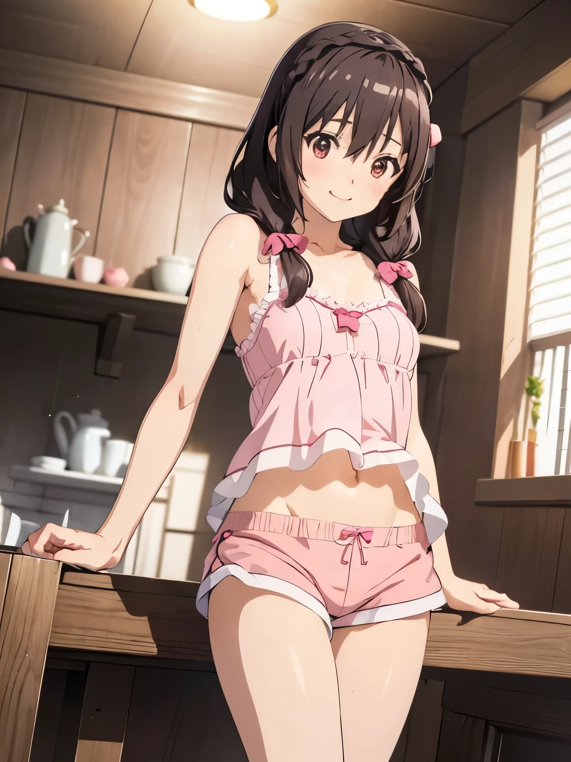 (masterpiece, Highest quality), One person,  (Anime illustration style:1.3) ,Yunyun,Standing、Long Hair,Braiding,Twin tails,Hair between the eyes,Hair Ribbon,hair ornaments,Closed Mouth、smile、(Pink camisole、Pink shorts:1.3)、Cute pajamas、Frilly pajamas、Beautiful Eyes, Sharp pupils, Shooting from the front、Sharp focus, (Very detailed, bloom, Shine)、(Genuine、Realistic、Realistic)、High resolution、超High resolution