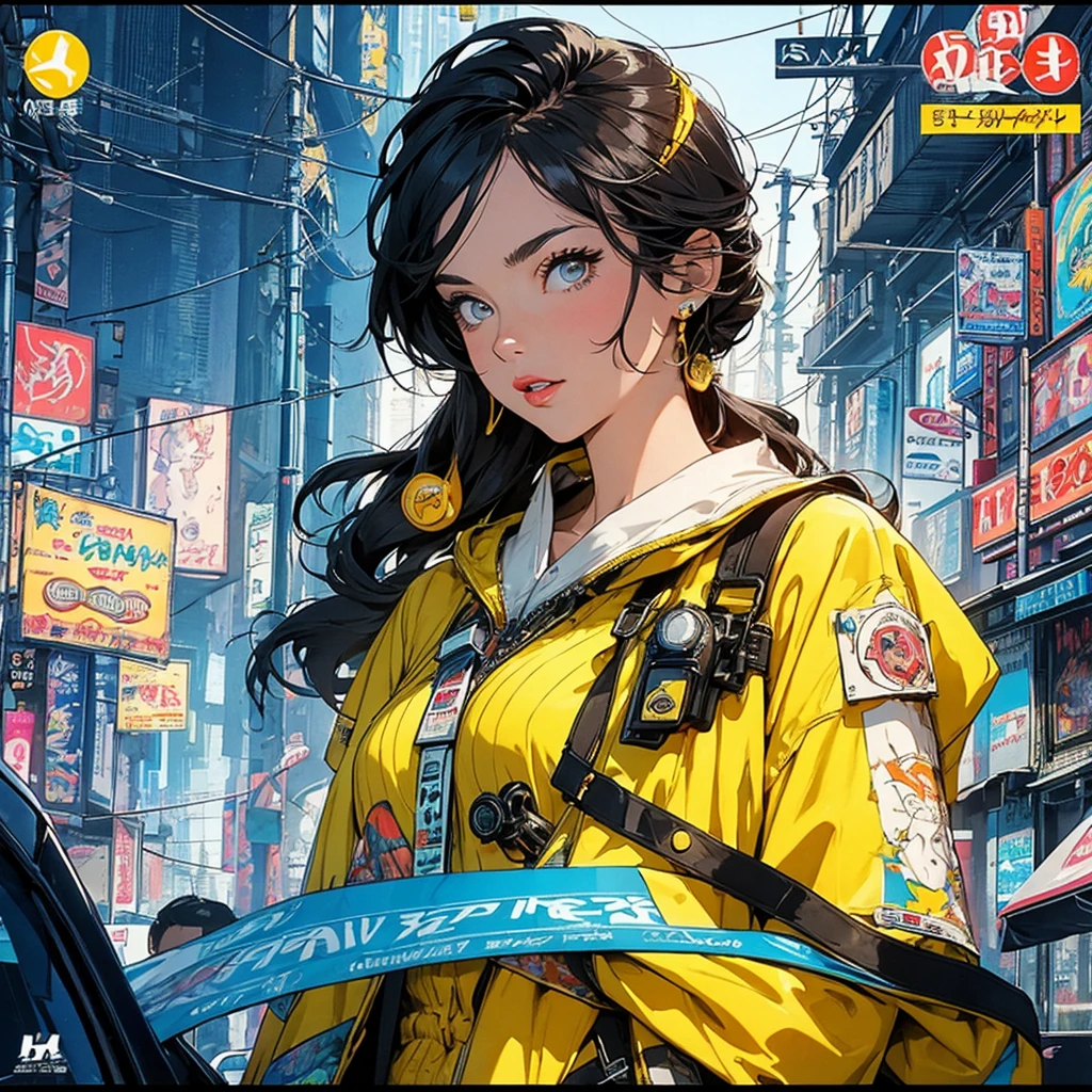 (masterpiece, highest quality), 32K,(highly detailed beautiful woman), poster,SF,1960s,1970s,bauhaus, shape, abstract,movie poster, vintage,retro,futuristic anime,ultimate map,highlight,highly detailed glowing eyes,cleavage,complicated pattern,Stylish hairstyle,fluorescence((yellow clothes)),Starry Sky,Cyberpunk street fashion,