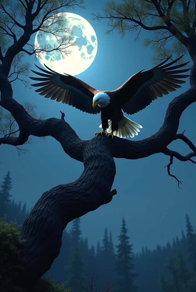 Generate a beautiful eagle on a tall tree ultra realistic 8k full hd with moon light