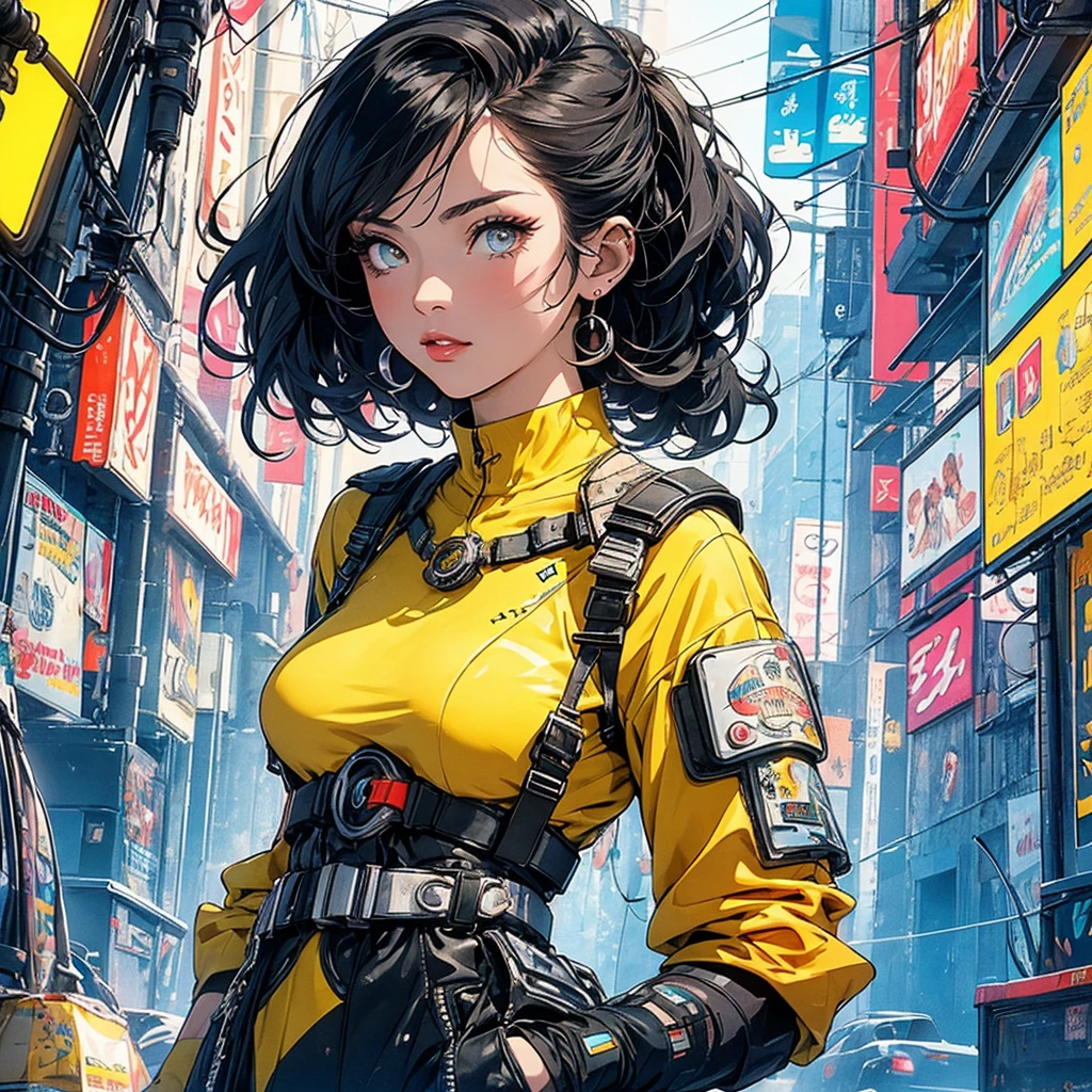 (masterpiece, highest quality), 32K,(highly detailed beautiful woman), poster,SF,1960s,1970s,bauhaus, shape, abstract,movie poster, vintage,retro,futuristic anime,ultimate map,highlight,highly detailed glowing eyes,cleavage,complicated pattern,Stylish hairstyle,fluorescence((yellow clothes)),Starry Sky,Cyberpunk street fashion,