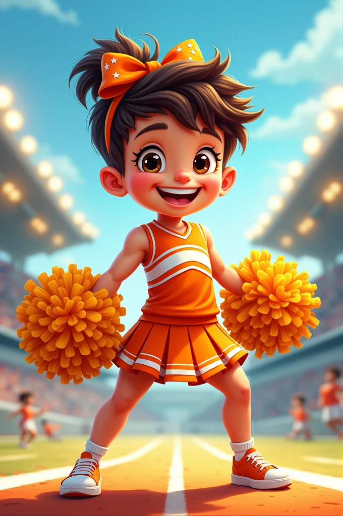 Drawing of a boy in an orange cheerleading outfit