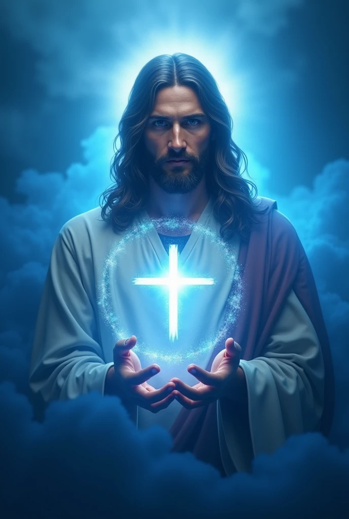I want you to make an image with the white Adventist education logo with a blue background and Jesus on the side
