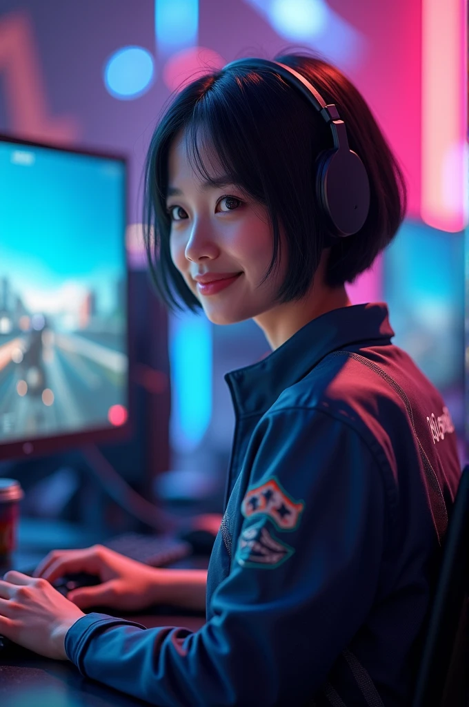 girl farting)),smiled,blushing,speed,(female professional athlete), (Wearing an esports uniform),(Sit facing the screen),(My butt is facing the screen) (Short hair, black hair),(asian woman),(Game Tournament),(masterpiece:1.2、top quality)、(very detailed CG Unity 8K 배경화면、very detailed、best shadow)、(detailed background)、(best lighting、very delicate and beautiful)、depth of field、1 girl、solo、looking upward