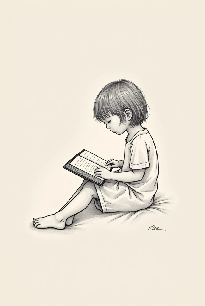 **Description détaillée pour le tatouage :**
- **Silhouette** : Une jeune fille (enfants) assise, vue de côté, tenant un livre ouvert sur ses genoux. Sa posture est détendue, les jambes légèrement repliées.
- **Style** : Minimaliste, avec des lignes fines et claires. Pas de remplissage noir à l'intérieur de la silhouette, juste les contours.
- **Taille** : Adaptée à l'avant-bras, ni trop grande ni trop .
- **Couleurs** : Principalement en noir, sans utilisation de couleurs vives, mais avec des nuances légères pour donner un peu de profondeur.