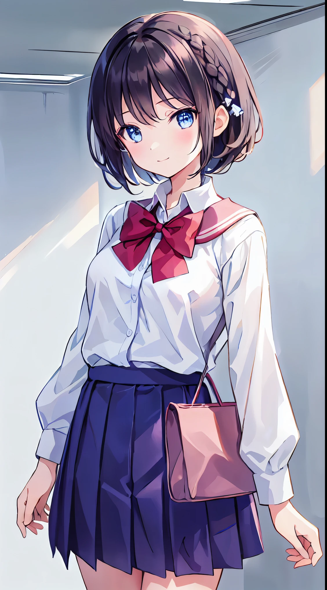 Tabletop, Highest quality,figure, wallpaper, Super detailed, One Girl,alone,Beautiful attention to detail,Very thick outline、Medium short-Cut Hair、short, Braided hair、(school uniform)、Dark Hair、Gentle smile、Walk next to、Kamimei、Looking down angle:1.2、Small Head、Ample breasts，Her captivating grey-blue eyes shine like stars