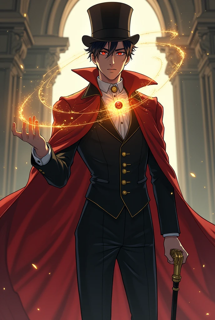 Create a young man with a top hat and a suit and a red cape and who has a cane like a drawing or anime with powers and spells like Doctor Strange and instead of a tie he has the eye of Agamotto and has like golden sparkles around his arm and the eyes have the charingan and the other the sage mode
