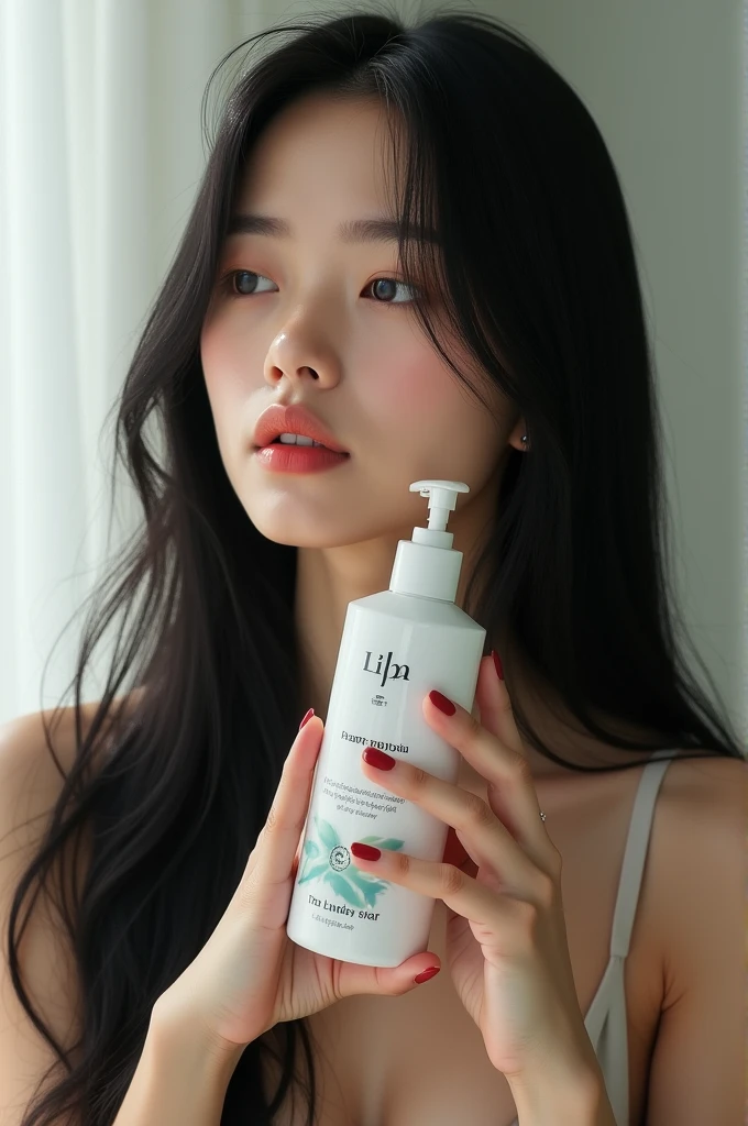Woman with black hair, straight and long holding a shampoo that says lipa looks