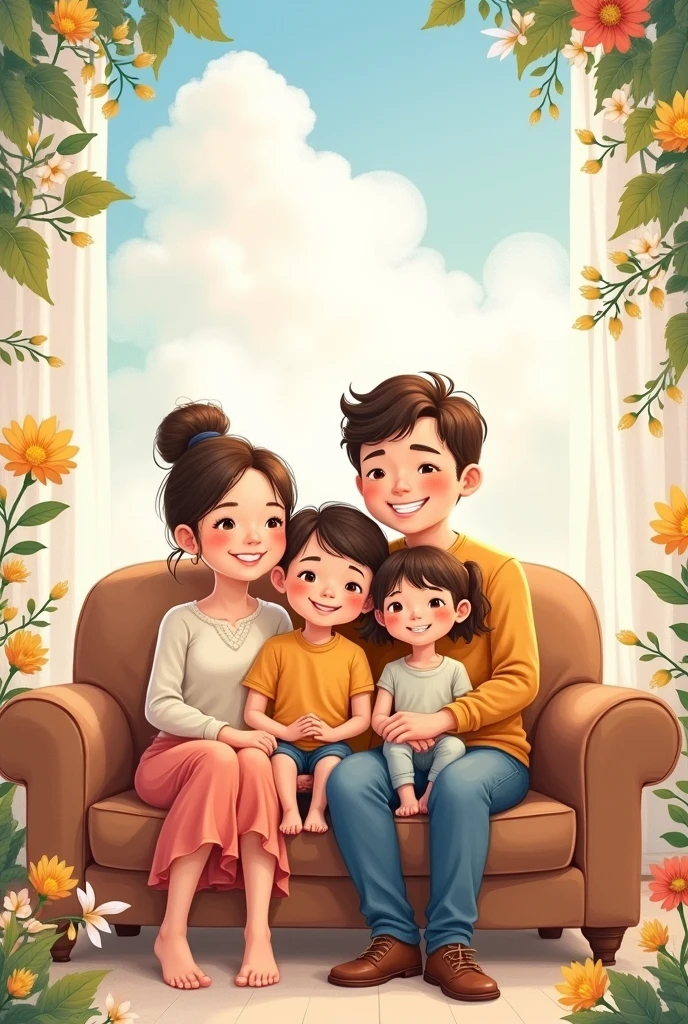 Illustration of a family with a father, Mother, son and daughter sitting on the sofa in a drawing style with slightly watercolored and childish strokes; The design should not be realistic for a family guide cover.. Place flowers and leaves around and the sky with clouds in the background
