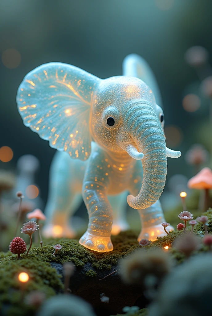 Meta tested - Generate a detailed image of a fantastical creature, resembling a hybrid of a elephant, with a translucent body. Place this creature in a miniature world, The overall atmosphere should be dreamy and magical, with a bokeh background that emphasizes the tiny, enchanting details of the creature and its surroundings. The style should combine elements of hyper-realism and fantasy, capturing the delicate textures and vibrant colors with stunning clarity