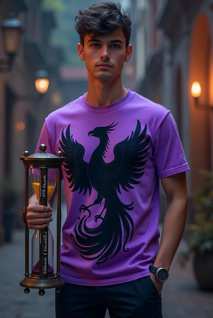 Purple t-shirt with a black phoenix, holding an hourglass written "Copernicus" in white with black outline
