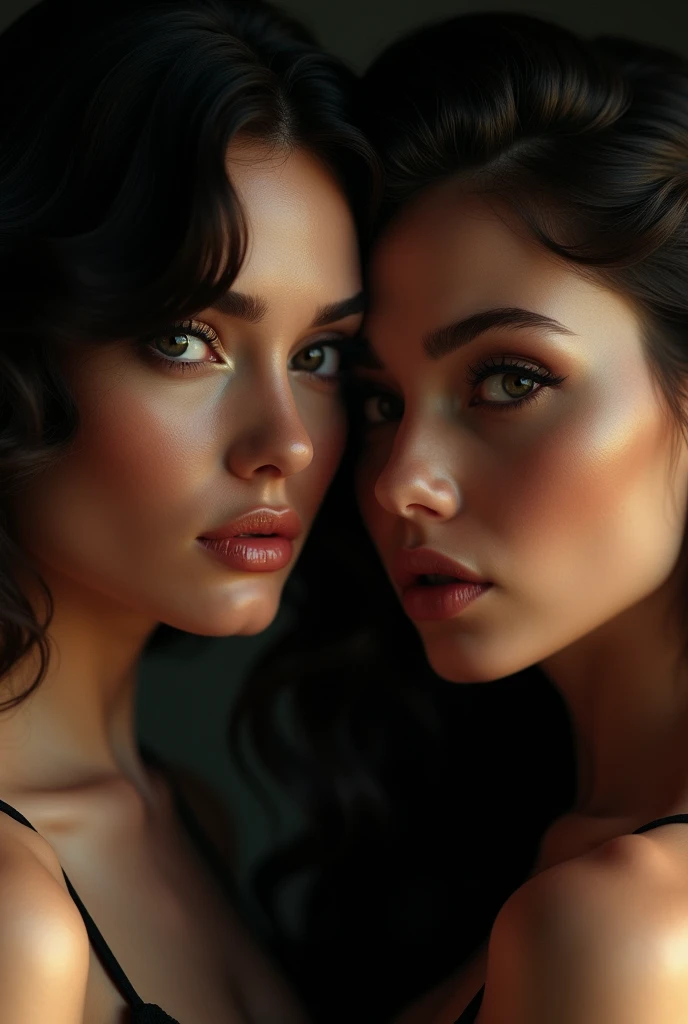 a 2 woman with beautiful detailed eyes, beautiful detailed lips, extremely detailed eyes and face, long eyelashes, sensual expression, naked, realistic, erotic, cinematic lighting, dramatic pose, photorealistic, (best quality, 4k, 8k, highres, masterpiece:1.2), ultra-detailed, (realistic, photorealistic, photo-realistic:1.37), chiaroscuro lighting, volumetric lighting, cinematic composition, dramatic shadows, glowing skin, hyper realistic