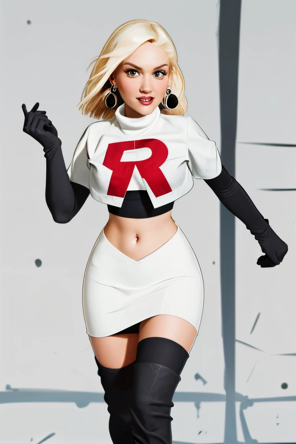 The face of Gwen stefani, 1girl, solo, team rocket,team rocket uniform,white skirt,red letter R,crop top,black thigh-highs,black elbow gloves, earrings, large breasts, 