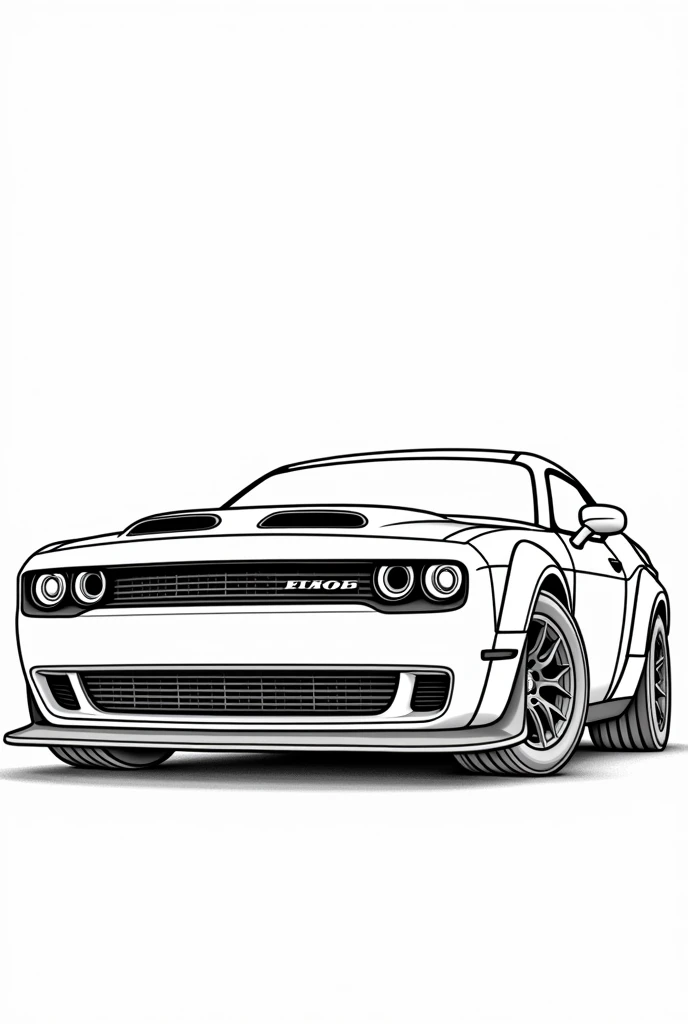 car illustration for coloring, with a white background, bold, outline style, no shadow, no details, hyper realistic style,best quality, no GRAY, coloring book, BLACK LINES,11,000-HP Dodge Hellcat Drag Racer