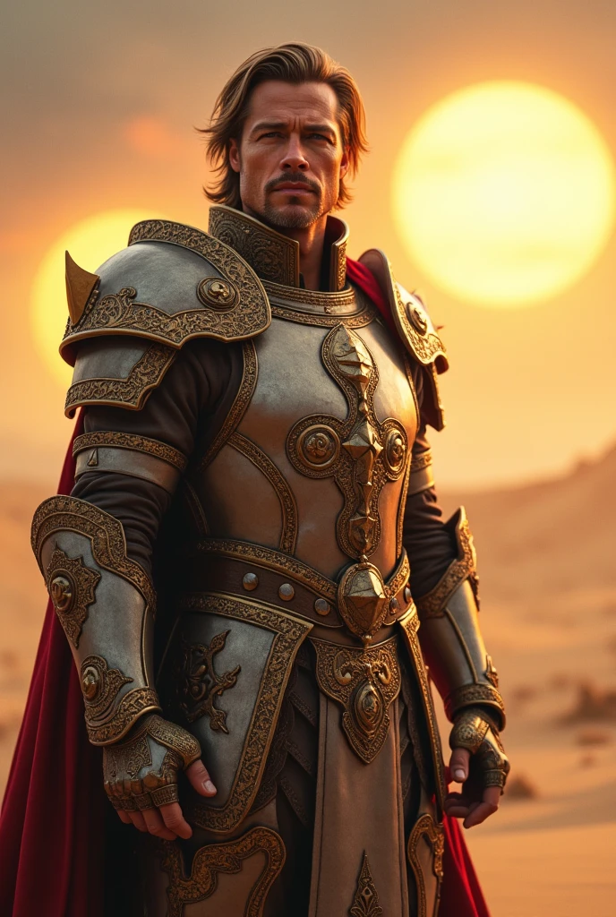 Ilustre o ator Brad Pitt como um paladino de Dungeons e Dragons, without helmet, powerful and magical armor, detailed face of Brad Pitt, in a sandy region with two suns shining in the sky in the background. 8k realistic