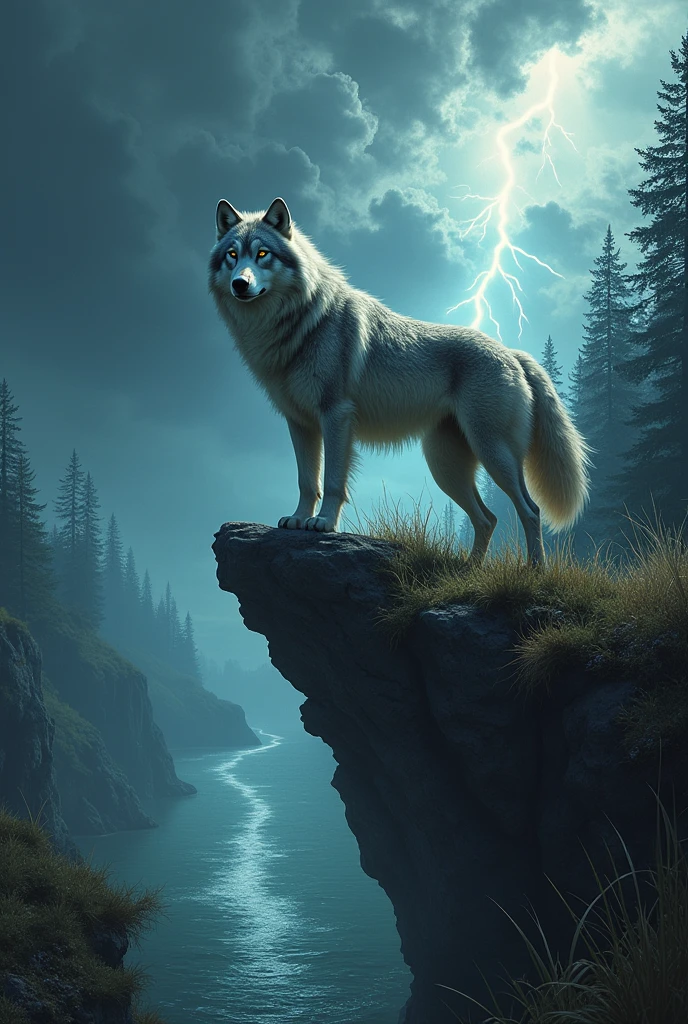A wolf in a dark forest with a storm and lightning around him, he will be on top of a cliff with silver grasses and a blue-green lake below the cliff 