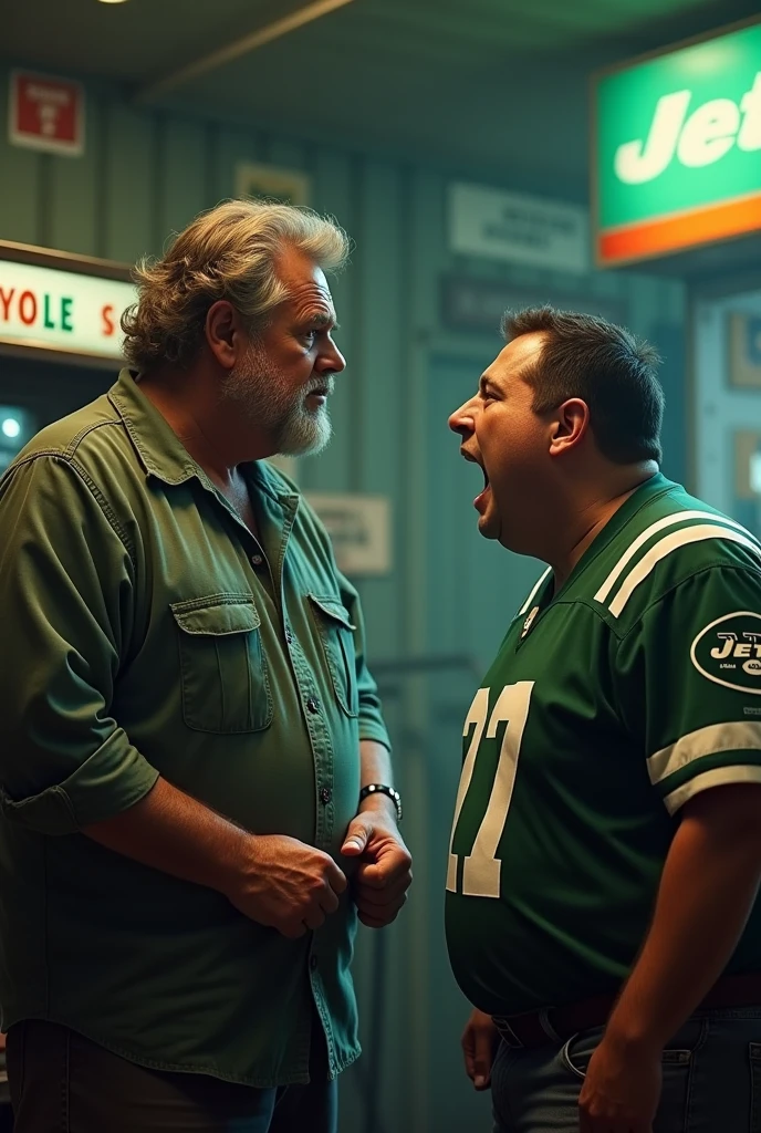 An old short gas station boss yelling at a fat man with a jets hoodie from doing his job wrong.