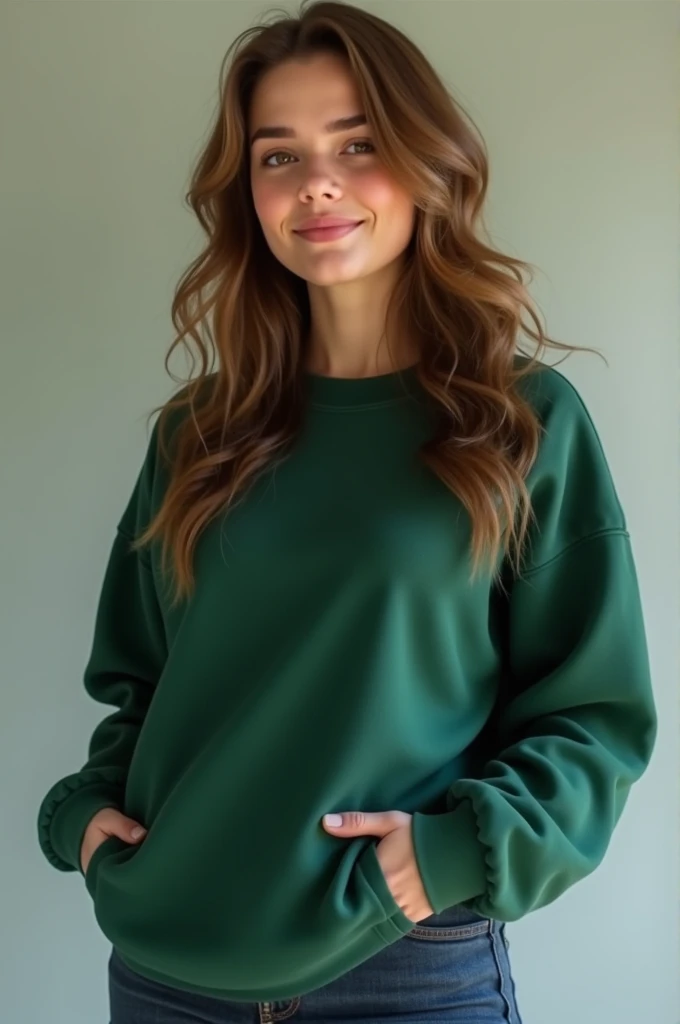 A girl with big breasts wearing a green sweatshirt and light brown hair