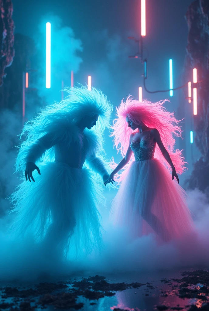 cinematic dramatic lighting, neon-lit otherworldly environment, glowing fluorescent lights, dynamic movement, energetic atmosphere, two personified chemical elements fluorine (F) and chlorine (Cl), highly detailed, 8k, photorealistic, hyperreal, cinematic lighting, vivid colors, volumetric lighting, dramatic shadows, intricate details, cinematic composition, masterpiece