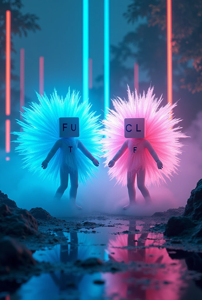 cinematic dramatic lighting, neon-lit otherworldly environment, glowing fluorescent lights, dynamic movement, energetic atmosphere, two personified chemical elements fluorine (F) and chlorine (Cl), highly detailed, 8k, photorealistic, hyperreal, cinematic lighting, vivid colors, volumetric lighting, dramatic shadows, intricate details, cinematic composition, masterpiece