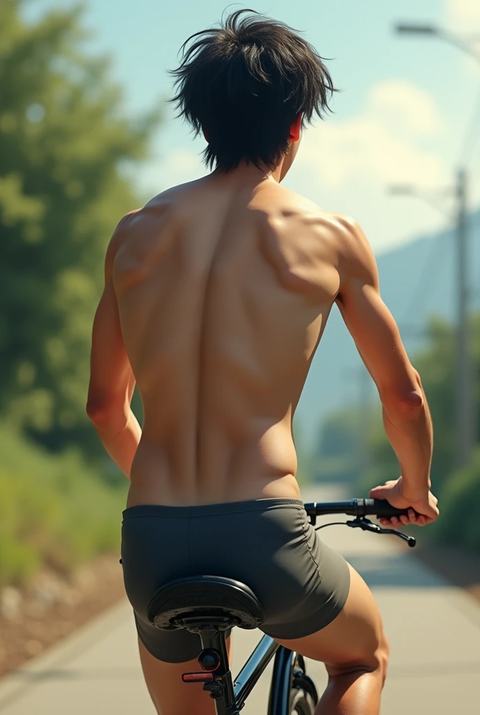 1boy、Photo Quality、Cute handsome man、Mash Hair、Japanese male, 、Completely naked、Full nudity、erection、Huge penis、Highest quality、Realistic、beautiful、Rear view of a person riding a bicycle