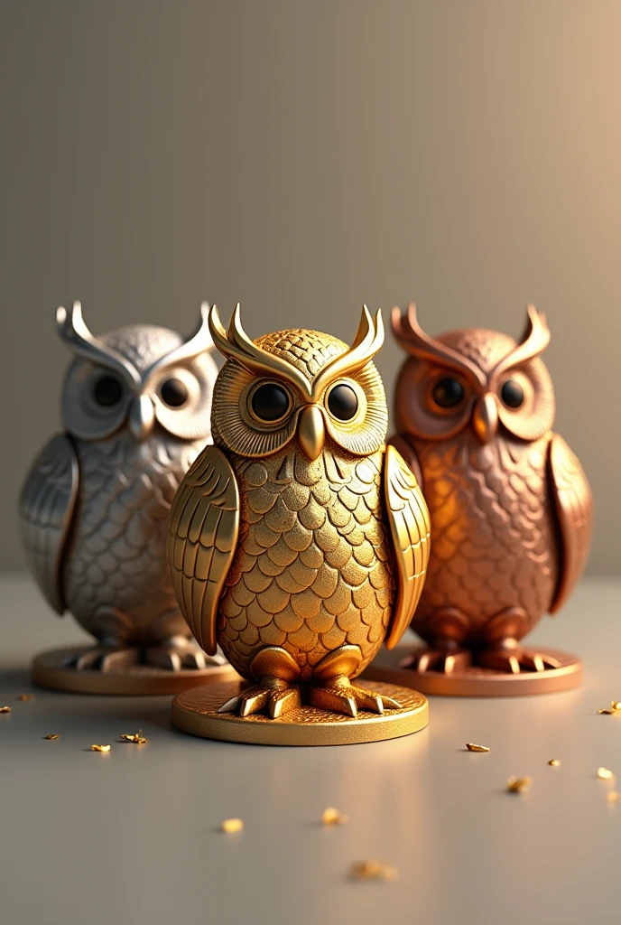 Create 3 medals, of gold, silver and bronze owl shape separately in the same photo