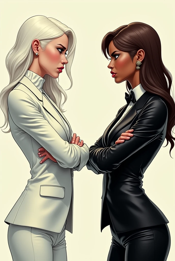 a girl with white hair, who is wearing a shiny white tuxedo is looking angrily at another girl who has dark skin and is brown-haired and is wearing a shiny black tuxedo. Both girls looking angrily at each other while standing with their arms crossed. The white-haired girl is on the left side while the dark-skinned girl is on the right side., version comic
